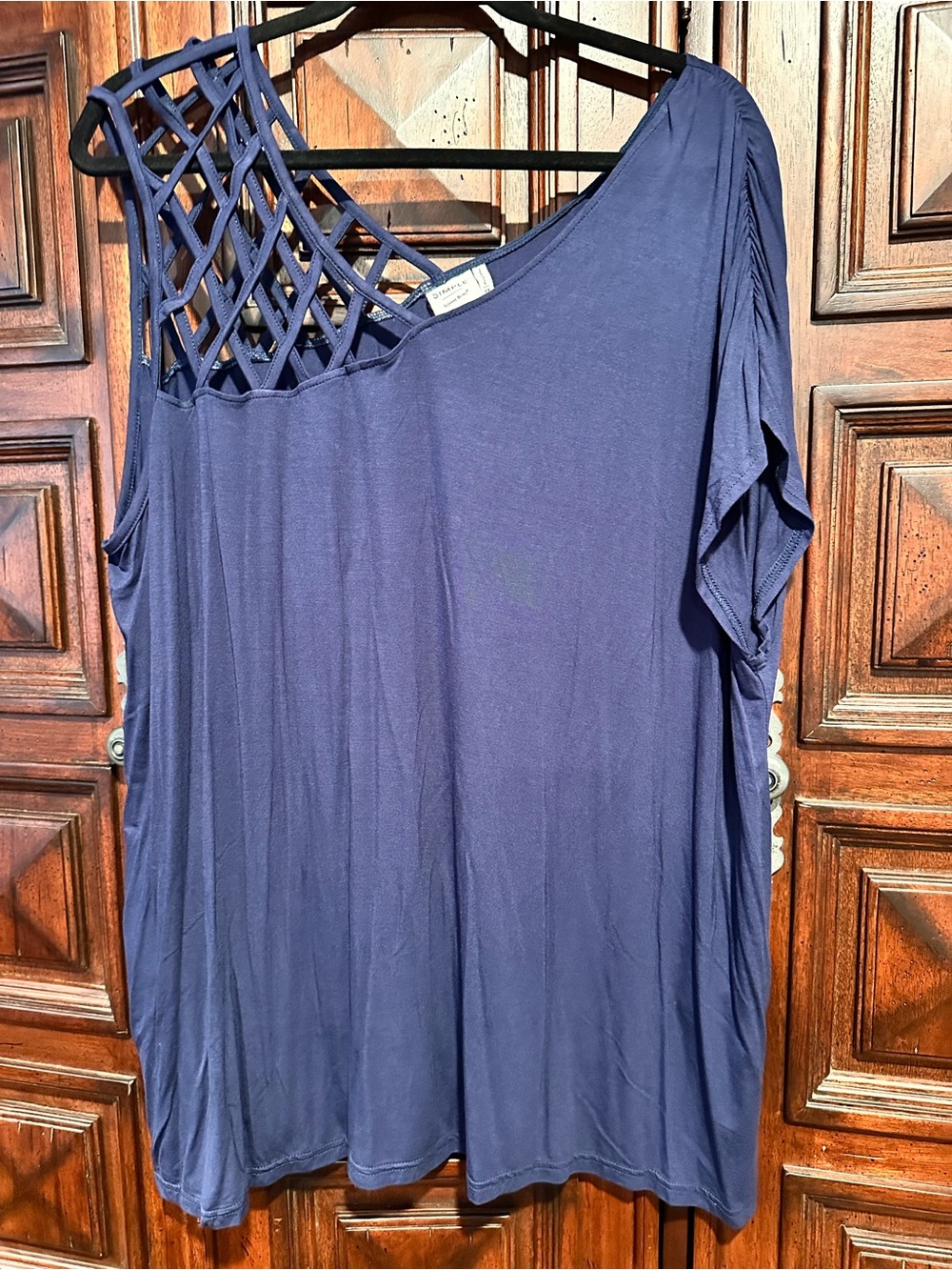 4X SIMPLE Suzanne Betro Navy Simple One-Shoulder Knit Top CAGED SHOULDER unique